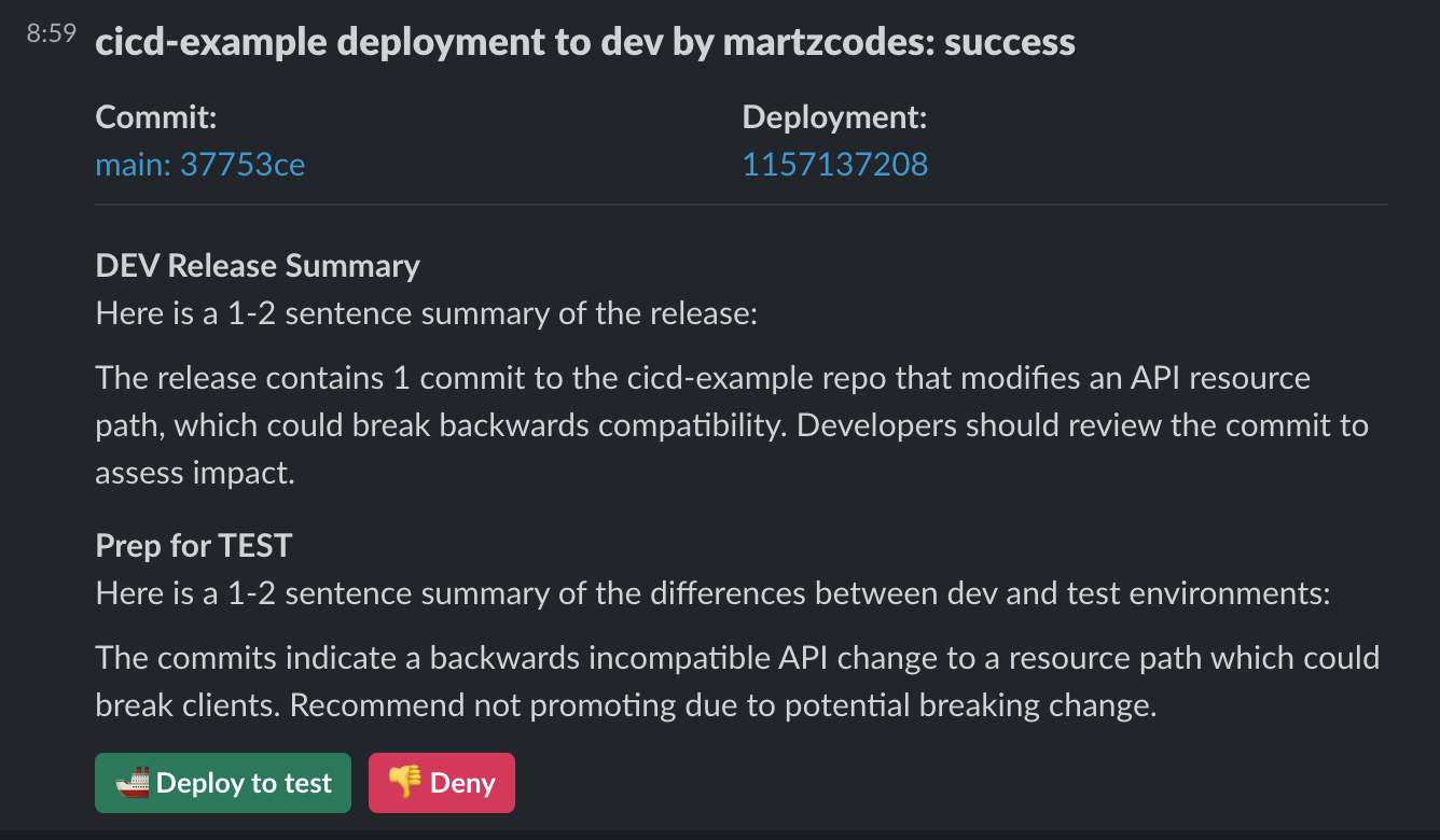 An example output of bedrock that does not recommend promoting code to the next environment because of a possibly breaking change.